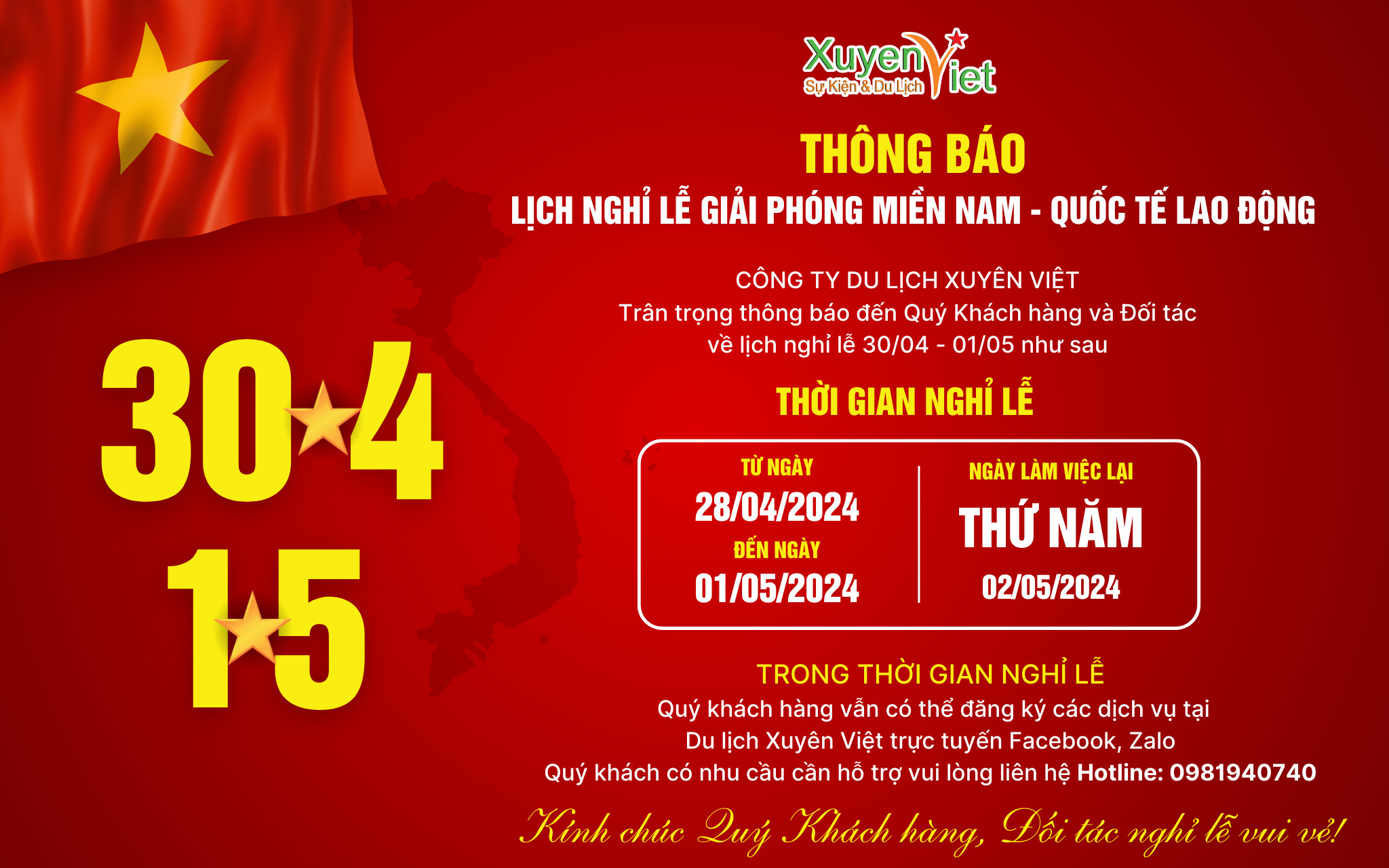 XUYÊN VIỆT TRAVEL THÔNG BÁO LỊCH NGHỈ LỄ 30/04 & 01/05